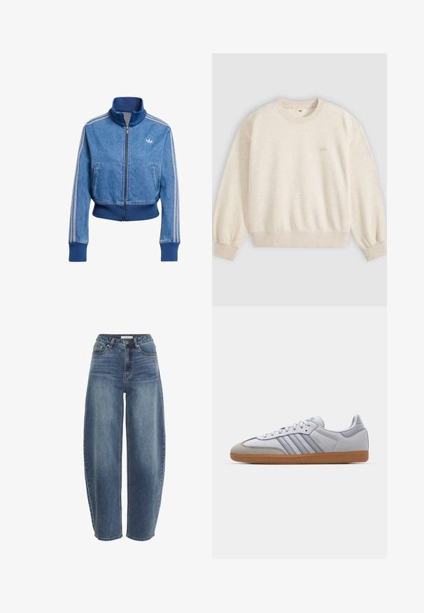 Modrá džínová bunda na zips, s vysokým golierom, rebrovanými manžetami a spodným lemom, a tromi bielymi pruhmi na rukávoch. Logo Adidas na hrudi.; Béžová mikina s okrúhlym výstrihom, dlhými rukávmi a rebrovanými manžetami a spodným lemom, s malým logom na ľavej strane hrude.; Vysoké, voľné modré džínsy vyrobené z denimu, s gombíkovým zapínaním, piatimi vreckami a jemným vyblednutím na látke.; Biele kožené tenisky s svetlomodrými akcentmi, sivým semišovým špičkou a hnedou gumovou podrážkou. Obsahujú tri modré pruhy a branding "Samba".