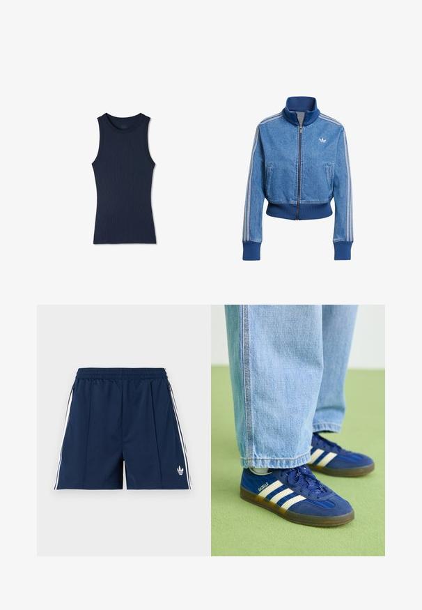 Blå denim zip-up jakke med høj krave, ribbede manchetter og kant, samt tre hvide striber langs ærmerne. Adidas-logo på brystet.; Navyblå ærmeløs ribstrikket tanktop med rund halsudskæring, figursyet og uden synlige mønstre eller logoer.; Mørkeblå sportsshorts med elastisk taljebånd, hvide sidelister, lommer med lynlås og et lille hvidt Adidas-logo på venstre ben.; Blå ruskindsneakers med hvide striber og teksturerede mønstre, båret med lyseblå denimbukser, sat mod en grøn baggrund.