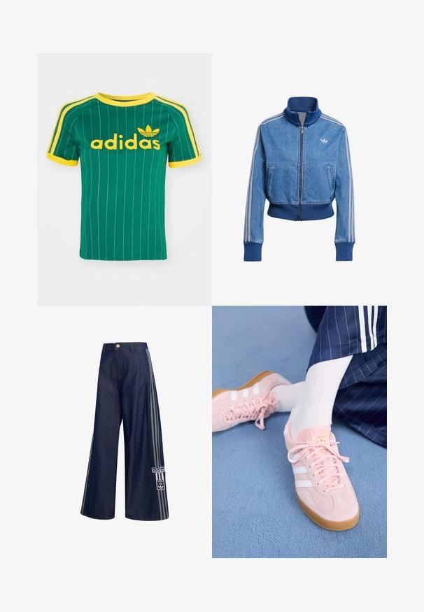 Modrá džínová bunda na zips, s vysokým golierom, rebrovanými manžetami a spodným lemom, a tromi bielymi pruhmi na rukávoch. Logo Adidas na hrudi.; Zelené bavlnené tričko s vertikálnymi bielymi pruhmi, žltými akcentmi a logom "adidas" v žltom písme. Krátke rukávy a okrúhly výstrih.; Tmavomodré široké rifle s sivými bočnými pruhmi, zapínaním na gombíky, prednými vreckami a nášivkou s logom Adidas na ľavej nohe.; Svetloružové semišové tenisky s bielymi pruhmi a šnúrkami, s textúrovaným jazykom a gumenou podrážkou, umiestnené na modrom koberci.