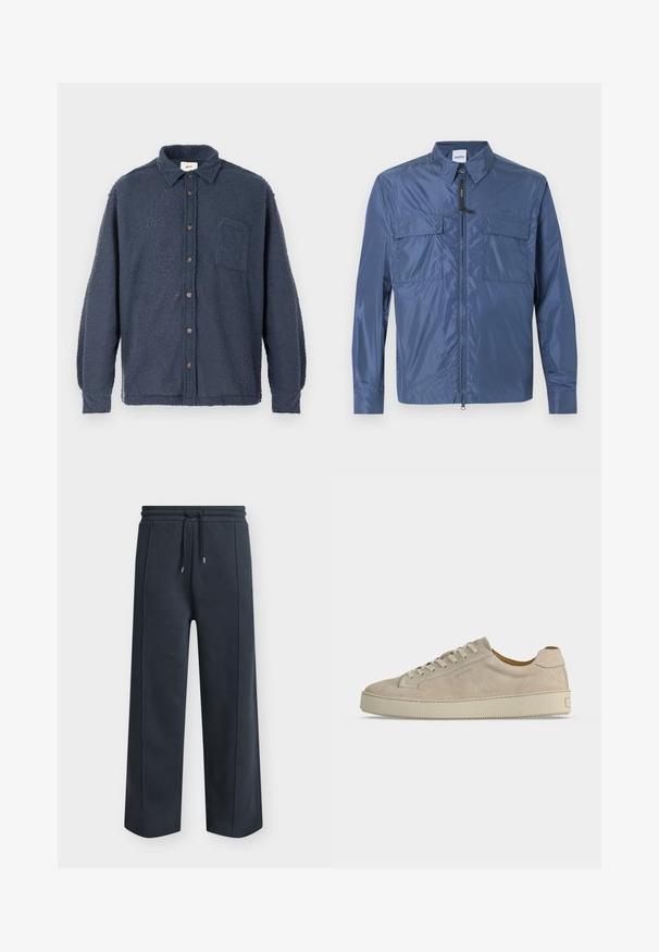 Veste légère bleue à manches longues avec fermeture éclair frontale, deux poches à rabat sur la poitrine et un col pointu.; Chemise en molleton bleu marine avec une surface texturée, boutonnée à l'avant, avec col et poche poitrine. Comprend des boutons marron et des manches longues.; Pantalon de survêtement bleu marine à jambes larges avec taille élastique et cordon, avec détails de coutures à l'avant.; Baskets basses beiges en daim avec fermeture lacée et semelle épaisse en caoutchouc, vues de profil sur fond blanc uni.