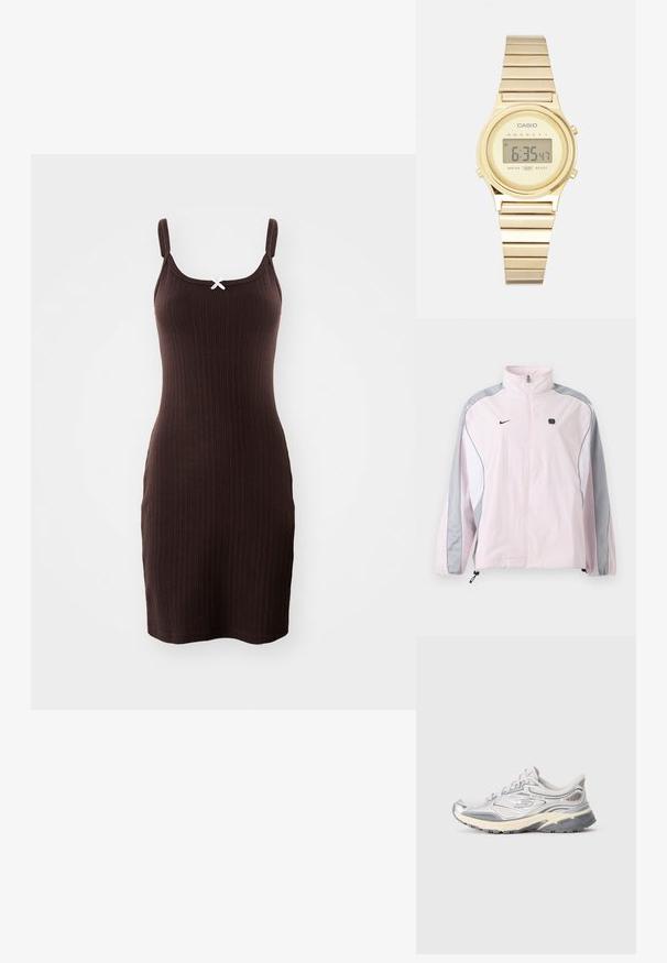 Hele roosa spordijakk hallide ja valgete paneelidega, esikinnisega, elastsete varrukasäärtega, Nike logo vasakul rinnal ja väike must ruudukujuline embleem paremal rinnal.; Pruun ribi kleit õhukeste rihmadega ja dekoratiivse valge nööriga kaeluses. Kujundus sisaldab istuvat siluetti ja põlve pikkuses hem.; Heled hallid spordijalatsid metallikaktsentidega, võrgust pealis, pehmendatud tald ja tekstuuriga välistald. Omab kingapaelu ja logo detaili küljes.; Kuldsetes toonides digitaalne käekell, millel on ristküliku kujuline nägu, ahelatest metallsegmentidest valmistatud rihm ning ekraan, mis näitab aega ja veekindlust.