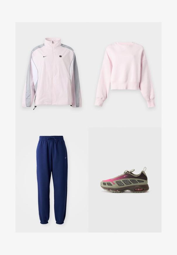 Lyserød sportjakke med grå og hvide paneler, lynlås foran, elastiske manchetter, Nike-logo på venstre bryst og lille sort firkantet emblem på højre bryst.; Lyserød cropped sweatshirt med lange ærmer og lille hvid Nike swoosh-logo centreret under rund halsudskæring.; Mørkeblå sweatpants lavet af blødt stof, med elastisk talje med snøre, elastiske manchetter og et lille hvidt logo.; Sportsko med en blanding af olivengrøn og mørkebrune materialer med lyserøde accenter. Tekstureret overdel og synlig luftdæmpning i sålen.