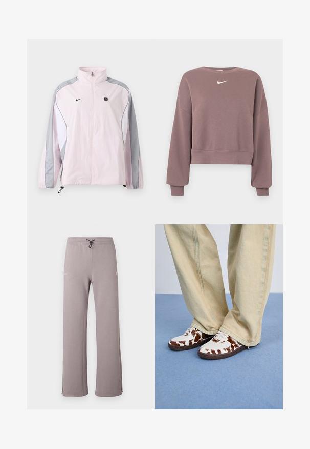 Lichtroze sportjack met grijze en witte panelen, ritssluiting aan de voorkant, elastische manchetten, Nike-logo op de linkerborst en een klein zwart vierkant embleem op de rechterborst.; Paarse cropped trui gemaakt van zachte stof, met een ronde hals, verlaagde schouders en een klein wit Nike-logo op de borst.; Grijze joggingbroek met tailleband met trekkoord, zijopeningen en een wit logo aan de linkerkant. Gemaakt van zachte stof met een losse pasvorm.; Witte en bruine sneakers met een patroon, gemaakt van mesh en leer, met bruine rubberen zolen. Gecombineerd met lichtbeige wijde broekspijpen.