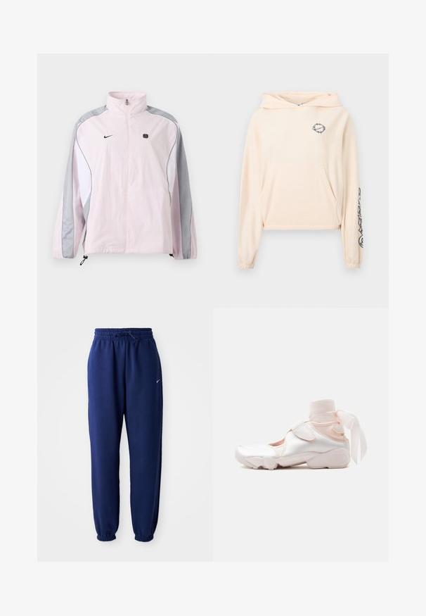 Lyserød sportjakke med grå og hvide paneler, lynlås foran, elastiske manchetter, Nike-logo på venstre bryst og lille sort firkantet emblem på højre bryst.; Lyserød cropped hættetrøje lavet af blødt stof. Har en forlommer, justerbar hætte og sort grafisk detalje på venstre ærme.; Mørkeblå sweatpants lavet af blødt stof, med elastisk talje med snøre, elastiske manchetter og et lille hvidt logo.; Hvid og lyserød sneaker med blødt stofankelomslag bundet i en sløjfe, med justerbar rem og rundet sål.
