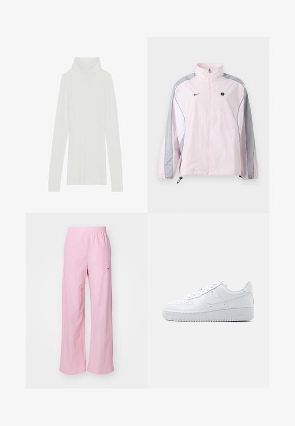 Svetloružová športová bunda so sivými a bielymi panelmi, predný zips, elastické manžety, logo Nike na ľavej časti hrude a malý čierny štvorcový emblém na pravej časti hrude.; Biely rebrovaný rolák s dlhými rukávmi, mäkkou textúrou a vysokým rolovaným golierom, s priliehavým strihom a bez viditeľných zapínaní.; Ružové elastické nohavice s uvoľneným strihom. Obsahujú červené logo na ľavej strane a majú hladkú, ľahkú textúru.; Biela nízka teniska Nike Air Force 1 so šnurovaním, perforovanou špičkou a charakteristickým logom Swoosh na boku.
