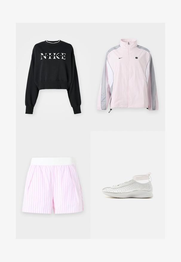 Veste de sport rose clair avec des panneaux gris et blancs, fermeture éclair à l'avant, poignets élastiques, logo Nike sur la poitrine gauche et petit emblème carré noir sur la poitrine droite.; Sweatshirt noir coupé en coton, présentant une impression blanche "NIKE" et "SPORTSWEAR", avec des poignets et un col côtelés.; Shorts rayés blancs et roses avec une large ceinture élastique blanche et des poches latérales sur un fond uni.; Baskets Nike Air blanches avec côtés perforés et lacets autour de la cheville rose clair, vues de profil sur fond blanc.
