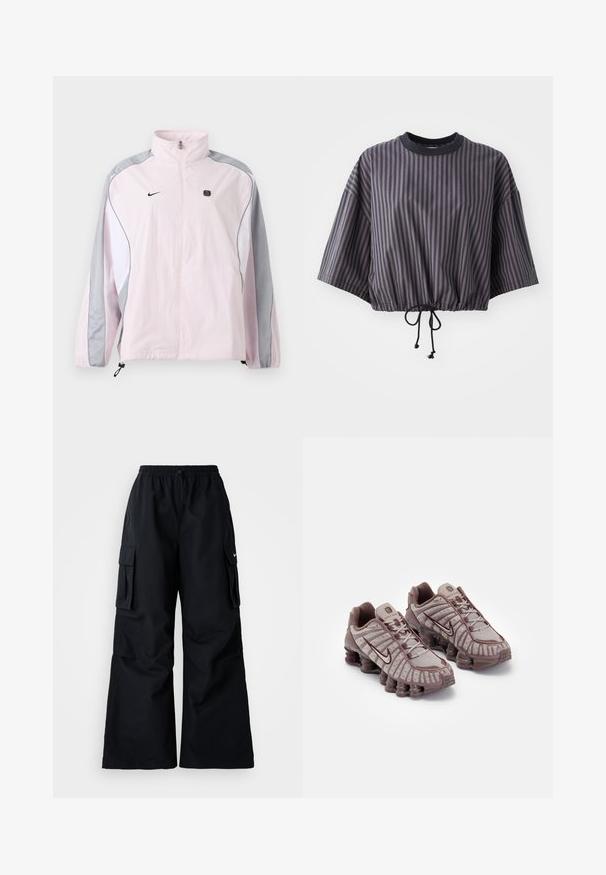 Chaqueta deportiva de color rosa claro con paneles grises y blancos, cremallera frontal, puños elásticos, logo de Nike en el pecho izquierdo y pequeño emblema negro cuadrado en el pecho derecho.; Top corto de manga corta en gris oscuro con rayas verticales. Presenta un dobladillo ajustable y un cuello redondo con un ribete negro en contraste.; Pantalones cargo negros de pierna ancha, con cinturilla elástica, cordón ajustable y dos bolsillos laterales. Hechos de un tejido suave y ligero.; Nike Sportswear SHOX TL - Zapatillas - pumice/night maroon/plum eclipse
