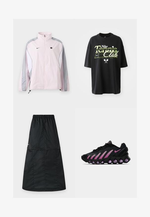 Chaqueta deportiva de color rosa claro con paneles grises y blancos, cremallera frontal, puños elásticos, logo de Nike en el pecho izquierdo y pequeño emblema negro cuadrado en el pecho derecho.; Camiseta de algodón negra con mangas cortas, que presenta un gráfico en verde y blanco del "Nike Tennis Club", ilustraciones de una pelota de tenis y una raqueta.; Falda deportiva negra hecha de tela de nylon ligera y suave. Presenta una cintura elástica y un diseño simple, largo y en línea A.; Zapatillas Nike negras y rosas con parte superior de malla, diseño curvado y amortiguación morada redondeada en la suela y los laterales.