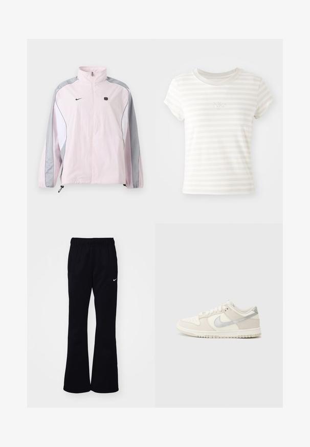 Lichtroze sportjack met grijze en witte panelen, ritssluiting aan de voorkant, elastische manchetten, Nike-logo op de linkerborst en een klein zwart vierkant embleem op de rechterborst.; Witte gestreepte t-shirt met korte mouwen, gemaakt van zachte katoen. Heeft een ronde hals en een klein geborduurd Nike-logo op de borst.; Zwarte joggingbroek met een elastische tailleband, uitlopende pijpen, twee zijzakken en een wit Nike-logo aan de linkerkant.; Lage sneakers in off-white leer en suède, met een zilveren Swoosh-logo, geperforeerde neus en een gegooid rubberen zool.