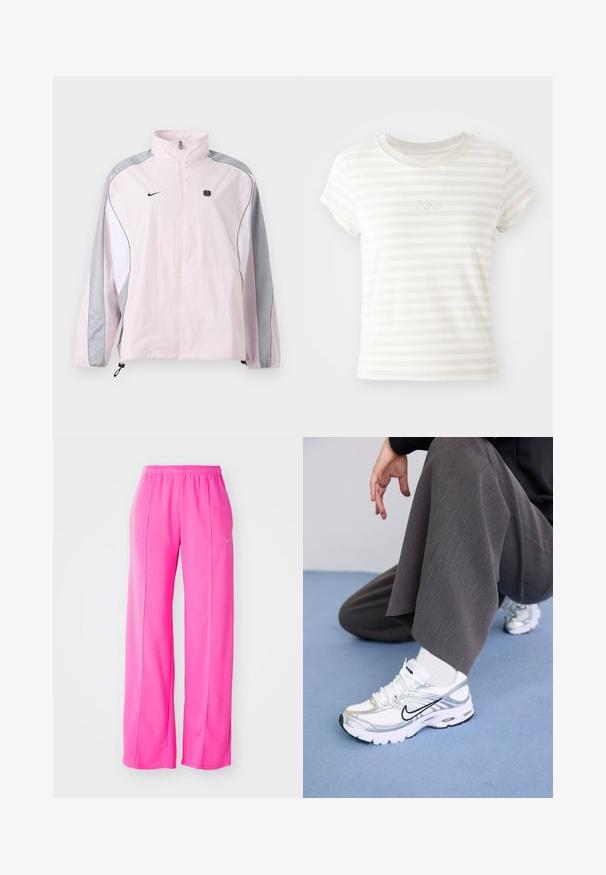 Lyserød sportjakke med grå og hvide paneler, lynlås foran, elastiske manchetter, Nike-logo på venstre bryst og lille sort firkantet emblem på højre bryst.; Hvidstribet kortærmet t-shirt lavet af blød bomuld. Har en rund halsudskæring og et lille broderet Nike-logo på brystet.; Lyserøde, løstsiddende, letvægts sweatsbukser med elastisk talje og sidesømme. Har et lille logo nær den øverste venstre lår.; Hvide og sølv atletik sko med meshej og syntetiske materialer, der har sorte accentlinjer, snørebånd og strukturerede såler.