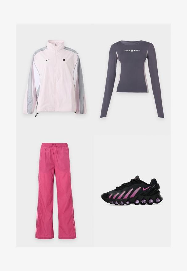 Hellrosa Sportjacke mit grauen und weißen Paneelen, Frontreißverschluss, elastischen Bündchen, Nike-Logo auf der linken Brust und kleinem schwarzem quadratischem Emblem auf der rechten Brust.; Dunkelgraues, langärmliges, eng anliegendes Sportoberteil mit hellgrauen Seitenpaneelen und weißem "Nike Shox"-Logo auf der Brust.; Leichte, rosa Hosen mit Gummizug in der Taille, weitem Bein und weißen Seitestreifen. Glatte Textur, geeignet für die Freizeit.; Schwarze und rosa Nike-Sneaker mit einem Mesh-Obermaterial, geschwungenem Design und abgerundeten lila Dämpfungselementen an Sohle und Seiten.