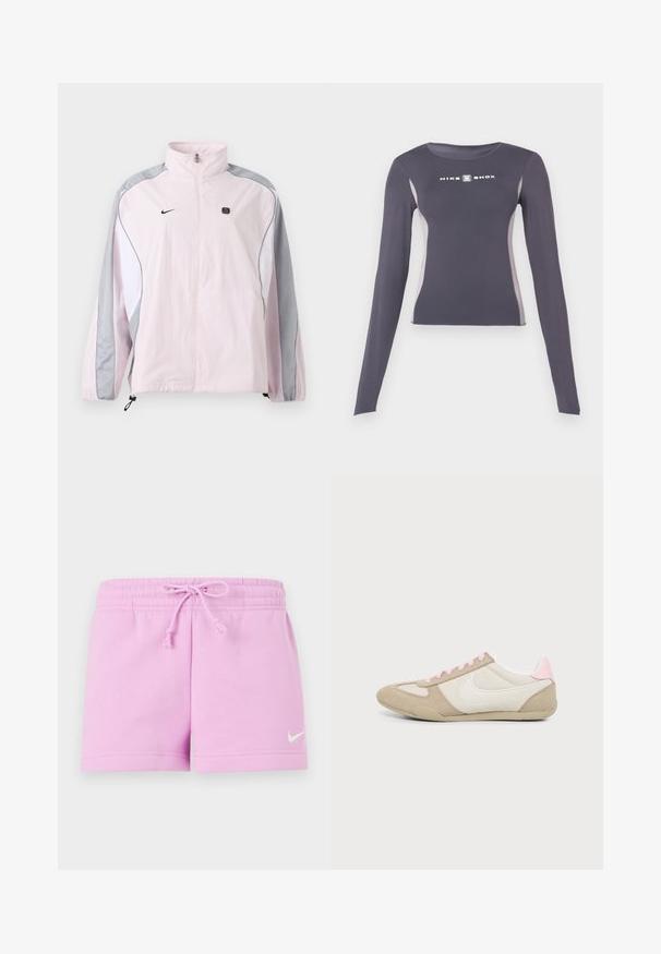Jachetă sport roz deschis cu panouri gri și albe, fermoar frontal, manșete elastice, logo Nike pe pieptul stâng și mic emblemă pătrată neagră pe pieptul drept.; Tricou sportiv mulat cu mâneci lungi de culoare gri închis, cu panouri laterale de culoare gri deschis și logo-ul alb "Nike Shox" pe piept.; Pantaloni scurți roz din amestec de bumbac, cu talie elastică și șnur, având un logo alb Nike pe partea inferioară stângă.; Adidași bej și albi cu șireturi roz și detaliu la călcâi, cu logo alb Nike swoosh pe lateral, văzuți din interior.