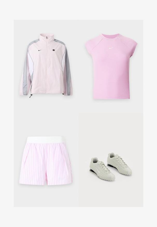 Light pink sports jacket with gray and white panels, front zipper, elastic cuffs, Nike logo on left chest, and small black square emblem on right chest.; Light pink ribbed short-sleeve athletic top with crew neckline and small white Nike swoosh logo centered on chest.; White and pink striped shorts with a wide white elastic waistband and side pockets against a plain background.; White Nike sneakers with a textured upper, featuring a smooth toe cap and black cushioning accents. Lace-up style with a reinforced heel.