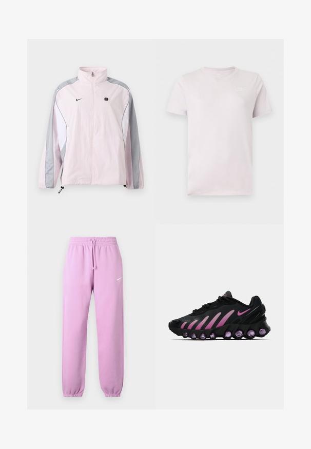 Chaqueta deportiva de color rosa claro con paneles grises y blancos, cremallera frontal, puños elásticos, logo de Nike en el pecho izquierdo y pequeño emblema negro cuadrado en el pecho derecho.; Camiseta Nike rosa claro de manga corta con cuello redondo y pequeño logo blanco de Nike en el pecho izquierdo.; Pantalones deportivos Nike de color púrpura claro con cintura elástica, cordón ajustable, puños elásticos y logotipo Nike Swoosh blanco en el muslo izquierdo.; Zapatillas Nike negras y rosas con parte superior de malla, diseño curvado y amortiguación morada redondeada en la suela y los laterales.
