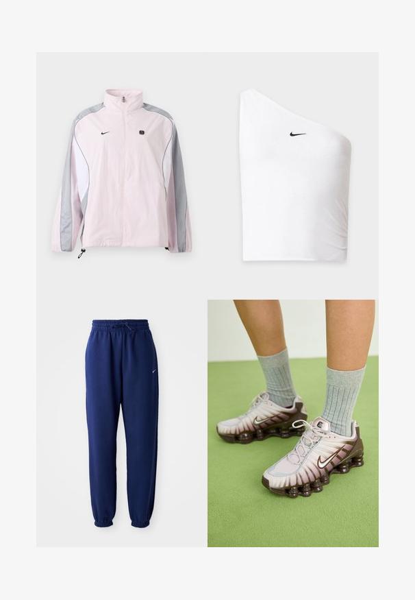 Svetloružová športová bunda so sivými a bielymi panelmi, predný zips, elastické manžety, logo Nike na ľavej časti hrude a malý čierny štvorcový emblém na pravej časti hrude.; Biely jednoramenný crop top Nike s čiernym logom swoosh na prednej ľavej strane na jednotnom pozadí.; Námornícke modré tepláky vyrobené z jemného materiálu s elastickým pásom na šnúrku, elastickými manžetami a malým bielym logom.; Nike tenisky v svetlo ružovej a hnedej farbe, s textúrovaným zvrškom, vrstveným dizajnom a podrážkou s odpružením a viditeľnými vzduchovými jednotkami.