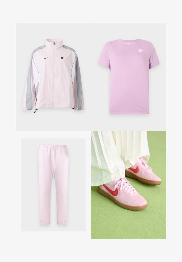 Lichtroze sportjack met grijze en witte panelen, ritssluiting aan de voorkant, elastische manchetten, Nike-logo op de linkerborst en een klein zwart vierkant embleem op de rechterborst.; Lila Nike T-shirt met korte mouwen en wit Nike-logo op de bovenste linkerborst, ronde halslijn en een effen stoffen achtergrond.; Lichtroze sweatpants met elastische taille en omslagmansetjes bij de enkels, plat neergelegd op een witte achtergrond.; Roze suède sportschoenen met een rood logo en bijpassende veters. De zool is van lichtbruin rubber. Draag ze met witte geplooide broeken op een groene ondergrond.