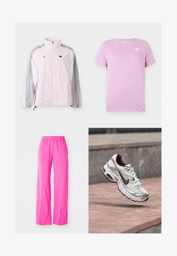 Hele roosa spordijakk hallide ja valgete paneelidega, esikinnisega, elastsete varrukasäärtega, Nike logo vasakul rinnal ja väike must ruudukujuline embleem paremal rinnal.; Lilla lühikeste varrukatega Nike T-särk, millel on valge Nike logo vasakul rinnaümbruses, ümmargune kaelus ja üksvärviline kangas.; Roosa, vabalt istuvad, kerge kangaga dressipüksid elastse vöökohaga ja külgõmblustega. Ees on väike logo vasaku reie ülaservas.; Valge ja hõbedane Nike jooksujalats musta Swooshi logoga, mis ripub betoonpinna kohal õues.