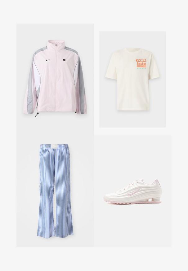 Hele roosa spordijakk hallide ja valgete paneelidega, esikinnisega, elastsete varrukasäärtega, Nike logo vasakul rinnal ja väike must ruudukujuline embleem paremal rinnal.; Valge lühikeste varrukatega T-särk, millel vasaku ülakeha piirkonnas oranži ja türkiissinise kirjaga "Air Jordan World Tour" ning kuus türkiissinist tähte.; Sinise ja valge triibuline vabalt lõigatud püksid, valmistatud kergest kangast, millel on elastne vöökoht ja peen logo silt.; Valge ja heledaroosa madala säärega spordijalats tekstureeritud pealispinna, roosa Nike Swoosh logoga ja läbipaistva kannatugedega.