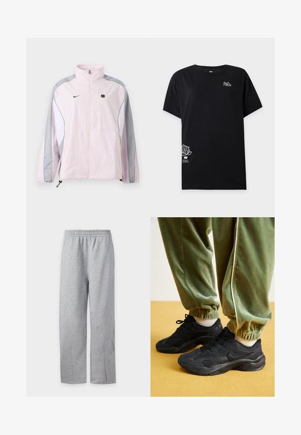 Veste de sport rose clair avec des panneaux gris et blancs, fermeture éclair à l'avant, poignets élastiques, logo Nike sur la poitrine gauche et petit emblème carré noir sur la poitrine droite.; T-shirt noir à manches courtes Nike avec un petit motif blanc près de l'épaule gauche et un plus grand motif blanc avec texte près de l'ourlet inférieur gauche.; Pantalon de survêtement gris clair avec taille élastique et jambes droites, présenté sur fond blanc uni.; Baskets de sport noires avec des empiècements en mesh et en synthétique, semelle texturée, associées à un pantalon de jogging vert avec des poignets élastiques, sur une surface jaune.