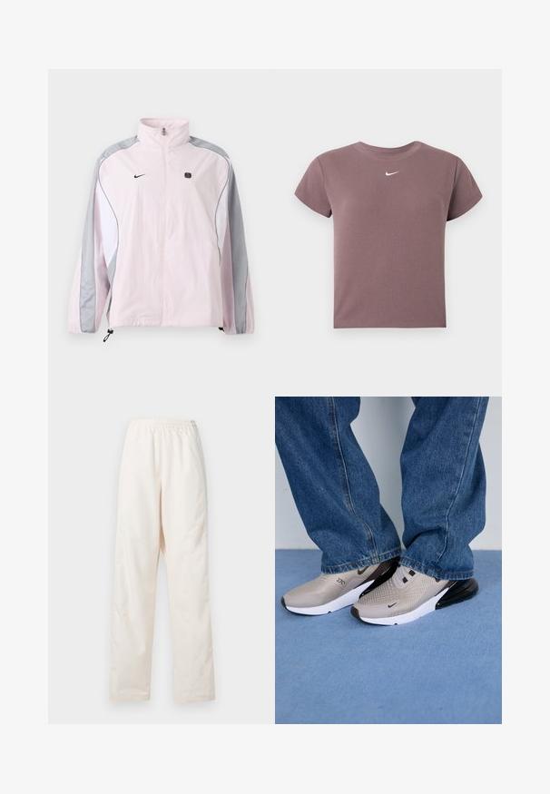 Lyserød sportjakke med grå og hvide paneler, lynlås foran, elastiske manchetter, Nike-logo på venstre bryst og lille sort firkantet emblem på højre bryst.; Mauve ribbet kortærmet crop top med rund hals og lille hvid Nike-logo centreret under halsudskæringen.; Løse, cremefarvede bukser med elastisk talje og lige ben, vist mod en ensfarvet hvid baggrund.; Grå sneakers med mesh-overdel, sorte accenter og hvid sål. Båret med løse blå denim jeans, der delvist dækker kanten af skoene.