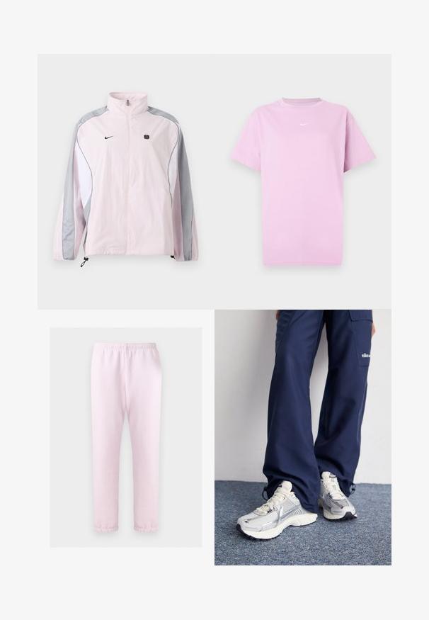 Chaqueta deportiva de color rosa claro con paneles grises y blancos, cremallera frontal, puños elásticos, logo de Nike en el pecho izquierdo y pequeño emblema negro cuadrado en el pecho derecho.; Camiseta de Nike de manga corta en rosa claro con cuello redondo y pequeño logo blanco de Nike centrado en el pecho.; Pantalones deportivos de cintura elástica en rosa claro con puños en los tobillos, mostrados planos sobre un fondo blanco.; Zapatillas deportivas Nike con parte superior de malla plateada, acentos blancos y suelas texturizadas, combinadas con pantalones azul marino de corte holgado.