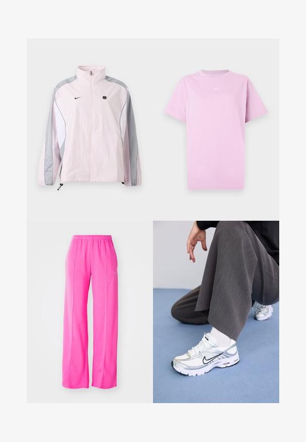Hele roosa spordijakk hallide ja valgete paneelidega, esikinnisega, elastsete varrukasäärtega, Nike logo vasakul rinnal ja väike must ruudukujuline embleem paremal rinnal.; Hele roosa lühikeste varrukatega Nike T-särk ümarate kaelustega, mille ees keskel on väike valge Nike susslogoga.; Roosa, vabalt istuvad, kerge kangaga dressipüksid elastse vöökohaga ja külgõmblustega. Ees on väike logo vasaku reie ülaservas.; Valged ja hõbedased spordijalatsid, mis on valmistatud võrgusilma ja sünteetilistest materjalidest ning millel on mustad aktsentjooned, paelad ja tekstuuriga tallad.
