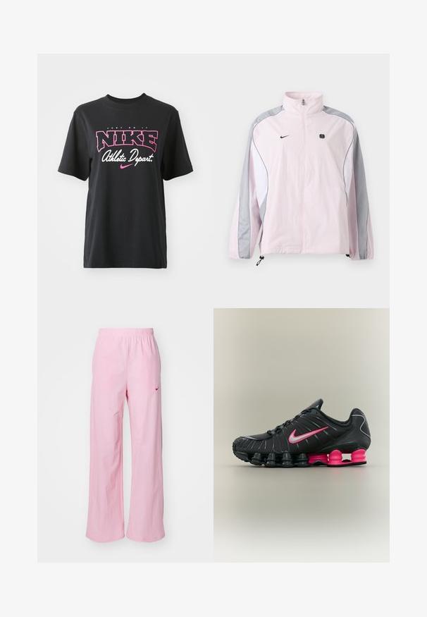 Lyserød sportjakke med grå og hvide paneler, lynlås foran, elastiske manchetter, Nike-logo på venstre bryst og lille sort firkantet emblem på højre bryst.; Sort bomulds T-shirt med grafisk print i pink og hvid med teksten "JUST DO IT," "NIKE," og "Athletic Depart." Standard pasform.; Lyserøde elastik-bukser med afslappet pasform. Har et rødt logo på venstre side og en glat, let struktur.; Sort og pink Nike træningssko med synlige luftpolstringer på sålen og en pink Nike-swoosh på siden.