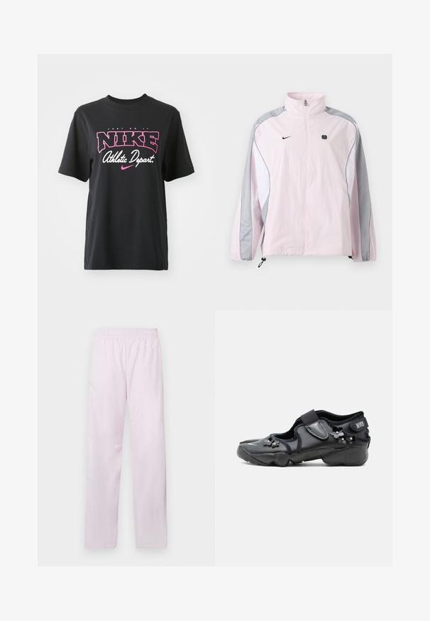 Lyserød sportjakke med grå og hvide paneler, lynlås foran, elastiske manchetter, Nike-logo på venstre bryst og lille sort firkantet emblem på højre bryst.; Sort bomulds T-shirt med grafisk print i pink og hvid med teksten "JUST DO IT," "NIKE," og "Athletic Depart." Standard pasform.; Lyserøde Nike sportbukser med elastisk talje, lige ben og subtile hvide Nike swoosh-logo på venstre lår.; Sort Nike Air sko med velcrorem, dekoreret med små sorte blomsterudsmykninger på siden og foran.