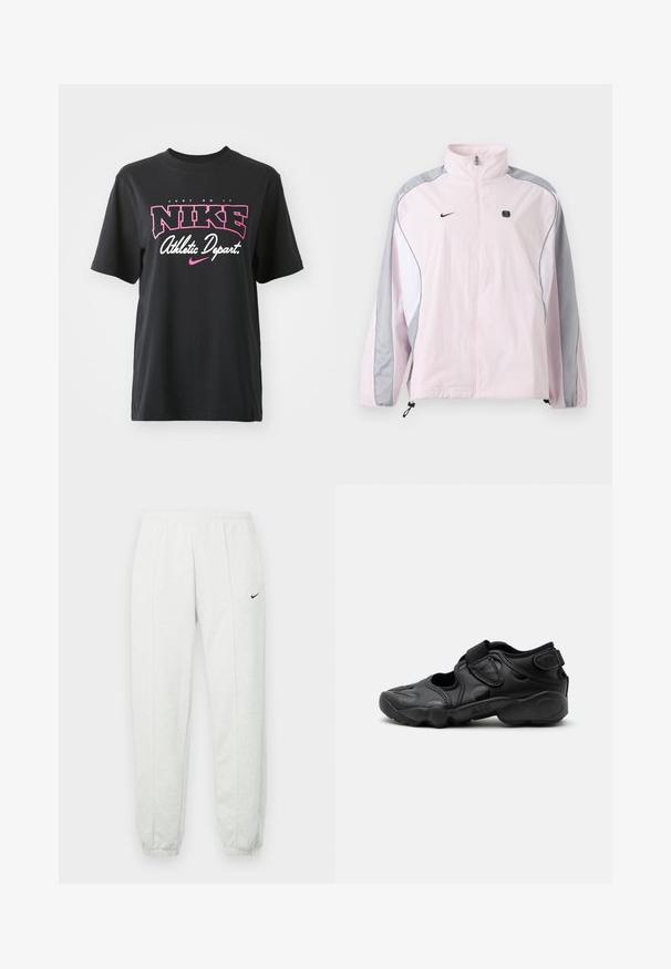 Svetloružová športová bunda so sivými a bielymi panelmi, predný zips, elastické manžety, logo Nike na ľavej časti hrude a malý čierny štvorcový emblém na pravej časti hrude.; Čierne bavlnené tričko s grafickým potlačou v ružovej a bielej farbe s textom "JUST DO IT", "NIKE" a "Athletic Depart". Štandardný strih.; Svetlosivé tepláky Nike s elastickým pásom, zúženými lemami a malým čiernym logom na ľavom stehne. Mäkká, textúrovaná tkanina.; Čierna športová sandála s uzavretou špičkou, suchými zipsami na priehlavku a päte a hrubou vystlanou podrážkou označenou "AIR" na boku.