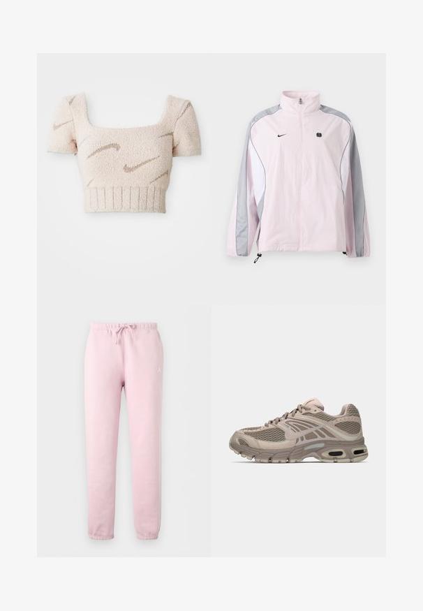 Lyserød sportjakke med grå og hvide paneler, lynlås foran, elastiske manchetter, Nike-logo på venstre bryst og lille sort firkantet emblem på højre bryst.; Kortærmet cropped top i blød, tekstureret stof. Lys pink farve med brune, bølgete mønstre. Fyrkantet udskæring og ribbet kant.; Lyserøde joggingbukser med elastiske manchetter og talje, med snøre foran og lille hvidt logo på øverste venstre lår.; Beige sportssko med mesh-overdel, formede detaljer, rund tå og synlig luftdækning i sålen. Snørebånd i neutral farve.