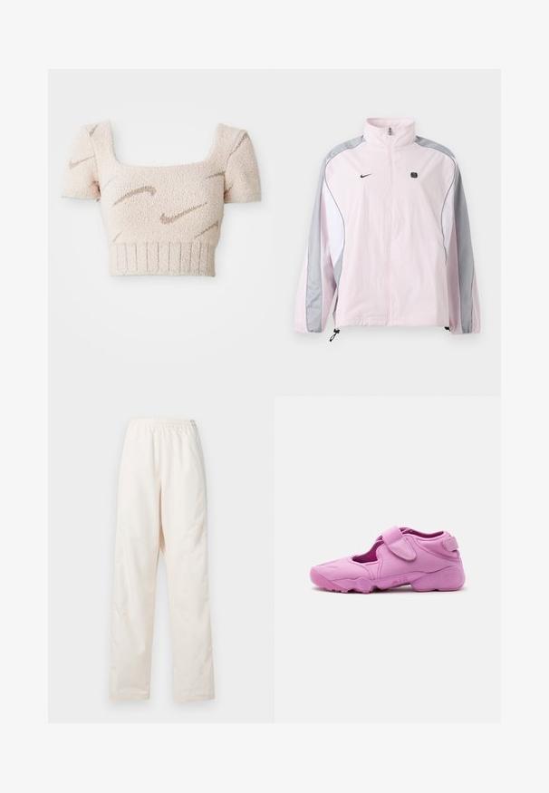 Chaqueta deportiva de color rosa claro con paneles grises y blancos, cremallera frontal, puños elásticos, logo de Nike en el pecho izquierdo y pequeño emblema negro cuadrado en el pecho derecho.; Top corto de manga corta en una tela suave y texturizada. Color rosa claro con patrones en forma de olas de color marrón. Escote cuadrado y dobladillo acanalado.; Pantalones de color crema con cintura elástica y corte de pierna recta, de ajuste suelto, exhibidos sobre un fondo blanco liso.; Zapatilla deportiva rosa con lados recortados, tira ajustable de velcro en la parte superior y suela gruesa marcada con "AIR" en el lateral.
