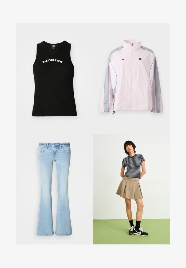 Chaqueta deportiva de color rosa claro con paneles grises y blancos, cremallera frontal, puños elásticos, logo de Nike en el pecho izquierdo y pequeño emblema negro cuadrado en el pecho derecho.; Top sin mangas negro con textura acanalada, con un logotipo blanco curvado de "DICKIES" en el pecho y un diseño de escote en V.; Vaqueros acampanados de color azul claro hechos de mezclilla. Presentan cinco bolsillos, cierre de botón y un lavado desgastado con sutiles arrugas envejecidas.; Camiseta a rayas en blanco y negro, falda plisada beige, zapatillas negras con detalles en blanco, acompañadas de calcetines cortos negros.
