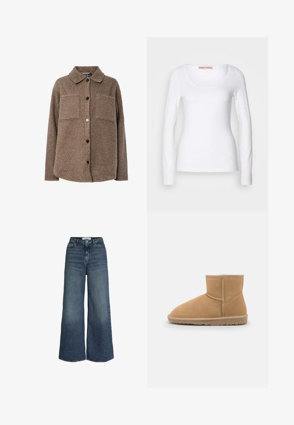 Brun, fuzzy fleece jakke med krave, to brystlommer og frontlukning med knapper. Har tekstureret overflade og mørke knapper.; Langærmet hvid bomulds T-shirt med rund halsudskæring og tætsiddende design, med glat tekstur og uden udsmykninger.; Bredde ben mørkeblå denim jeans med høj talje, fem-lomme design og falmet detaljering, med knaplukning og bæltestropper.; Brun ruskinds ankelstøvle med rund tå og polstret krave, der har kontrastsyninger og en tekstureret gummisål.