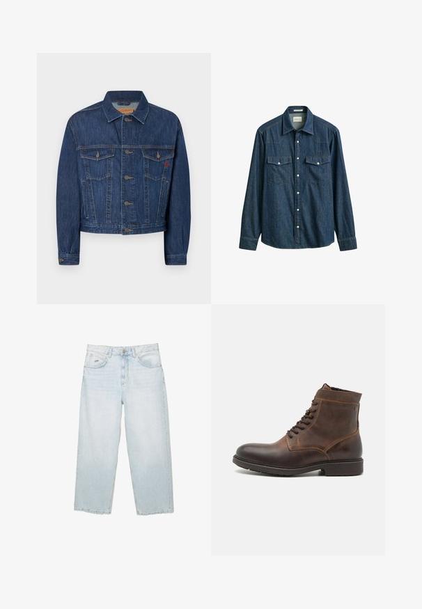 Donkerblauwe spijkerjas met een klassieke snit, voorzien van twee borstzakken, metalen knopen en een licht vervaagde textuur.; Donkerblauw denimsoverhemd met lange mouwen, drukknoopsluiting, twee borstzakken met kleppen en een puntkraag.; Lichtblauwe hoge taille straight-leg jeans met een knoop aan de voorkant, zakken en een klein gemerkt metalen label op de rechter voorkzak.; Jack & Jones JFWDELANEY BOOT - Veterboots - cognac