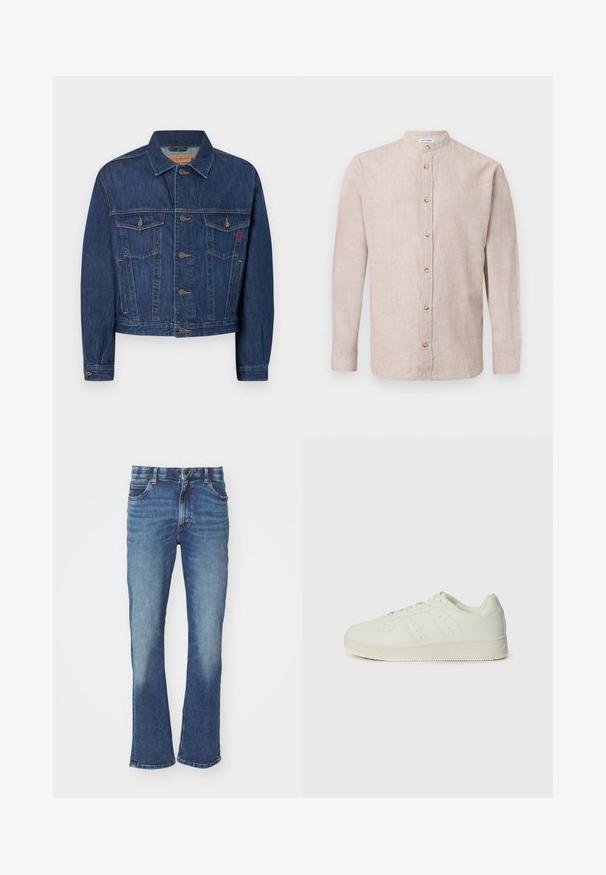 Chaqueta de denim azul oscuro con un corte clásico, que cuenta con dos bolsillos en el pecho, botones de metal y una textura ligeramente descolorida.; Camisa de lino beige de manga larga con cuello mao y botones marrones en la parte delantera.; Jeans de mezclilla azul con un ligero corte acampanado, con un lavado desgastado, cinco bolsillos y cierre de botón.; Zapatillas blancas con una textura de cuero suave, diseño de cordones, detalles perforados y tres franjas diagonales en el costado. Suela de goma.