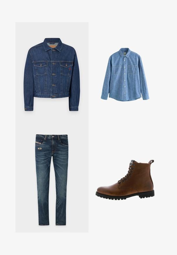 Chaqueta de denim azul oscuro con un corte clásico, que cuenta con dos bolsillos en el pecho, botones de metal y una textura ligeramente descolorida.; Camisa azul de chambray de manga larga con botones al frente y dos bolsillos en el pecho, desplegada sobre un fondo blanco.; Jeans de denim azul oscuro con un acabado ligeramente deslavado, que presentan un detalle desgate en la parte frontal y cinco bolsillos, incluyendo un pequeño bolsillo para monedas.; Botas de cuero marrón hasta el tobillo con acabado texturizado, ojales de metal y suela de goma negra con protuberancias. Presenta una lengüeta en la parte posterior para facilitar su uso.