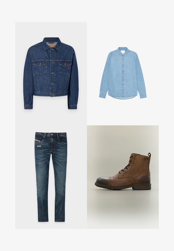 Chaqueta de denim azul oscuro con un corte clásico, que cuenta con dos bolsillos en el pecho, botones de metal y una textura ligeramente descolorida.; Camisa de mezclilla azul claro con botones, mangas largas, cuello puntiagudo y dobladillo redondeado. Cuenta con cierre frontal de botones y pequeño detalle de logotipo.; Jeans de denim azul oscuro con un acabado ligeramente deslavado, que presentan un detalle desgate en la parte frontal y cinco bolsillos, incluyendo un pequeño bolsillo para monedas.; Bota de cuero marrón con cordones hasta el tobillo, puntera negra, suela redonda y detalle de marca en el lateral sobre un fondo liso.