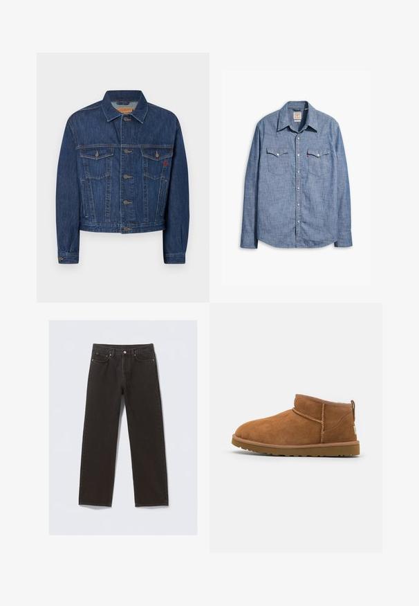 Mørkeblå denimjakke med klassisk snit, der har to brystlommer, metalknapper og en let falmet tekstur.; Lys blå chambray skjorte med lange ærmer, spidse kraver, to brystlommer og sølvfarvede trykknapper. Glat tekstur med et klassisk design.; Svarte denimjeans med straight-leg design, fem lommer og kobberfarvet syning. Glat tekstur, klassisk knaplukning i taljen.; Sandal mellemhøje støvler i tan ruskind med en rund tå, subtile syninger og en tekstureret gummisål. Kort højde uden snørebånd.