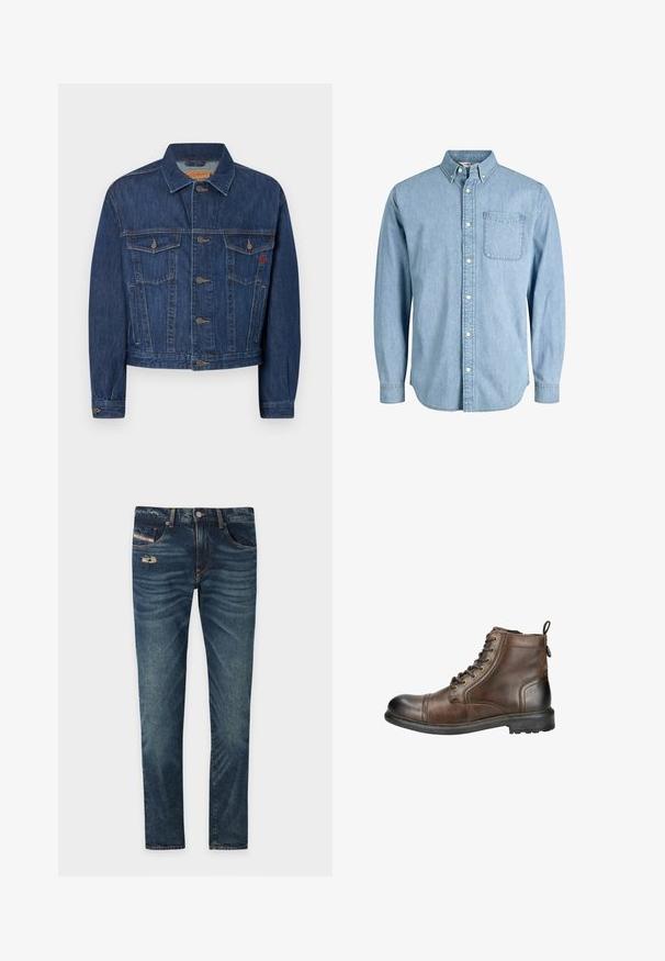 Chaqueta de denim azul oscuro con un corte clásico, que cuenta con dos bolsillos en el pecho, botones de metal y una textura ligeramente descolorida.; Camisa de mezclilla azul claro con botones, manga larga, cuello, bolsillo delantero y una textura sutil. Cuenta con botones blancos a lo largo de la tapeta.; Jeans de denim azul oscuro con un acabado ligeramente deslavado, que presentan un detalle desgate en la parte frontal y cinco bolsillos, incluyendo un pequeño bolsillo para monedas.; Botín de cuero marrón hasta el tobillo con puntera redondeada, cordones en la parte delantera y una cinta en la parte trasera para facilitar su uso. Cuenta con una suela resistente con tacos para mayor tracción.