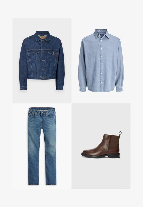 Dunkelblaue Jeansjacke mit klassischem Schnitt, zwei Brusttaschen, Metallknöpfen und leicht ausgewaschenem Look.; Himmelblaue Jeanshemd mit langen Ärmeln, Kragen und weißen Knöpfen, präsentiert vor einem schlichten weißen Hintergrund.; Blaue gerade geschnittene Jeans mit Knopf- und Reißverschluss vorne, Fünf-Taschen-Design und dezenten Ausbleichungen an Oberschenkeln und Knien.; Braune Lederstiefelette mit elastischen seitlichen Einsätzen, runder Zehenform und niedrigem schwarzen Absatz. Verfügt über eine Zuglasche für einfaches An- und Ausziehen.