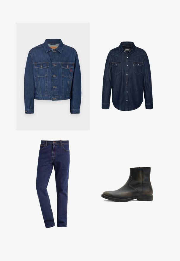 Veste en denim bleu foncé à coupe classique, présentant deux poches poitrine, des boutons en métal et une texture légèrement délavée.; Chemise en denim foncé ayant un front à boutons, deux poches poitrine et des accents de couture blanche. Manches longues avec poignets à boutons.; Jean en denim droit bleu foncé avec poches avant, fermeture par bouton, passants de ceinture et coutures visibles.; AllSaints LANG - Bottines - brown
