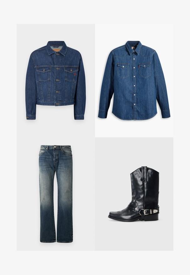 Dunkelblaue Jeansjacke mit klassischem Schnitt, zwei Brusttaschen, Metallknöpfen und leicht ausgewaschenem Look.; Dunkelblaue Jeanshemd mit langen Ärmeln, spitzem Kragen und Druckknöpfen. Verfügt über zwei Brusttaschen mit Klappen und kontrastierenden Nähten.; Dunkelblaue weit geschnittene Jeans aus Denim. Mit verblassten Details, traditionellem Fünf-Taschen-Design und einem Metallknopfverschluss an der Taille.; Schwarze Ledersporenstiefel mit spitzem Zeh, hohem Schaft, dekorativer Stickerei und silberner Schnallenhardware am Riemen. Strukturiertes Finish.