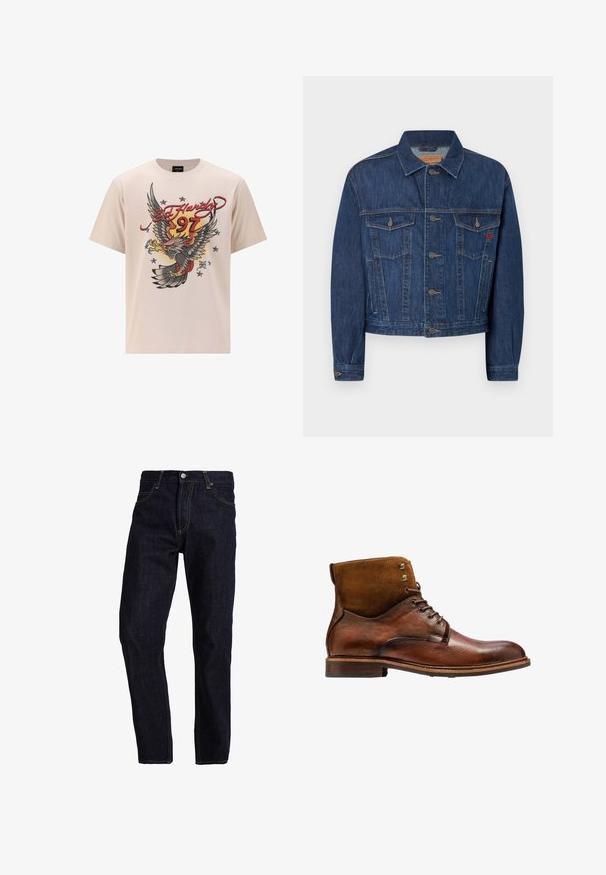 Mørkeblå denimjakke med klassisk snit, der har to brystlommer, metalknapper og en let falmet tekstur.; Beige bomulds t-shirt med et stort ørnergrafik med røde og gule accenter, "Ed Hardy" tekst og stjerner i et struktureret printdesign.; Mørkeblå denim jeans med lige pasform, med gul syning, fem lommer og en klassisk knap- og lynlås lukning.; Kazar ALID - Snørestøvletter - brown