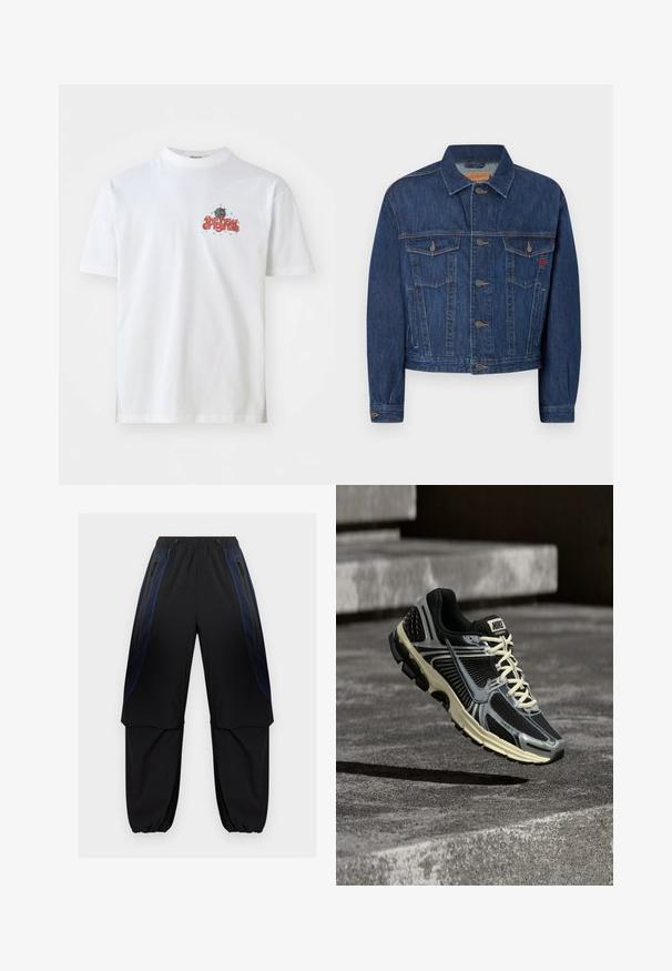 Mørkeblå denimjakke med klassisk snit, der har to brystlommer, metalknapper og en let falmet tekstur.; Hvid bomulds t-shirt med teksten "the new originals" i rødt og blå stjerner, rund hals og korte ærmer.; Sorte og mørkeblå cargobukser med elastisk linning og manchetter, de har lynlåslommer på siden og lagdelte stofpaneler på lårene.; Sort og grå Nike-løbesko med cremefarvede snørebånd, der svæver over en tekstureret betonoverflade.