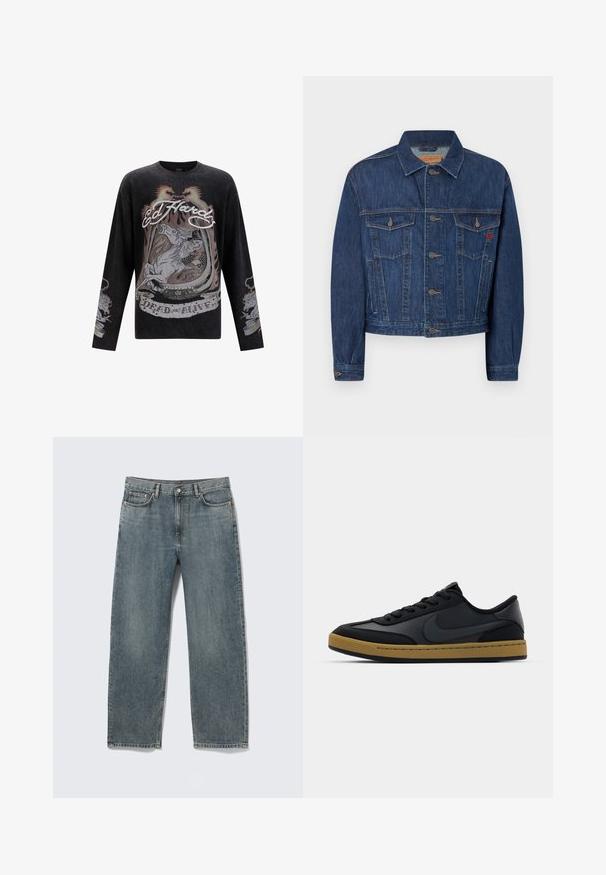 Mørkeblå denimjakke med klassisk snit, der har to brystlommer, metalknapper og en let falmet tekstur.; Sort langermet T-shirt med et detaljeret grafisk design, der inkluderer heste, flammer og teksten "Ed Hardy" og "DEAD OR ALIVE."; Blå straight-fit denimjeans med for- og baglommer, bæltestropper og knaplukning, vist fladt på hvid baggrund.; Sorte lædersneakers med lavt design, snørelukning, gummisål og gumfarvede detaljer. Har et sidelogot og strukturerede materialer.