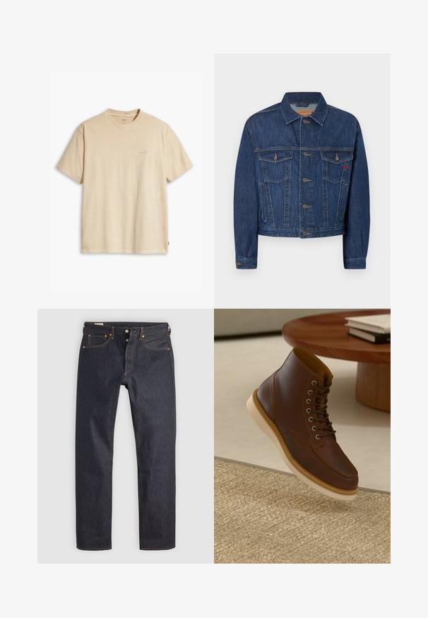 Mørkeblå denimjakke med klassisk snit, der har to brystlommer, metalknapper og en let falmet tekstur.; Beige bomulds t-shirt med rund hals og korte ærmer. Har et subtilt "Levi's" logo i samme farve på brystet. Blød tekstur.; Mørkeblå denimjeans med lige ben, prydet med orange syninger og klassisk fem-lomme design. Lukning med knap og lynlås.; Brune læderankelstøvle med beige sål på et struktureret beige tæppe ved siden af et rundt træbord med stakke af bøger.