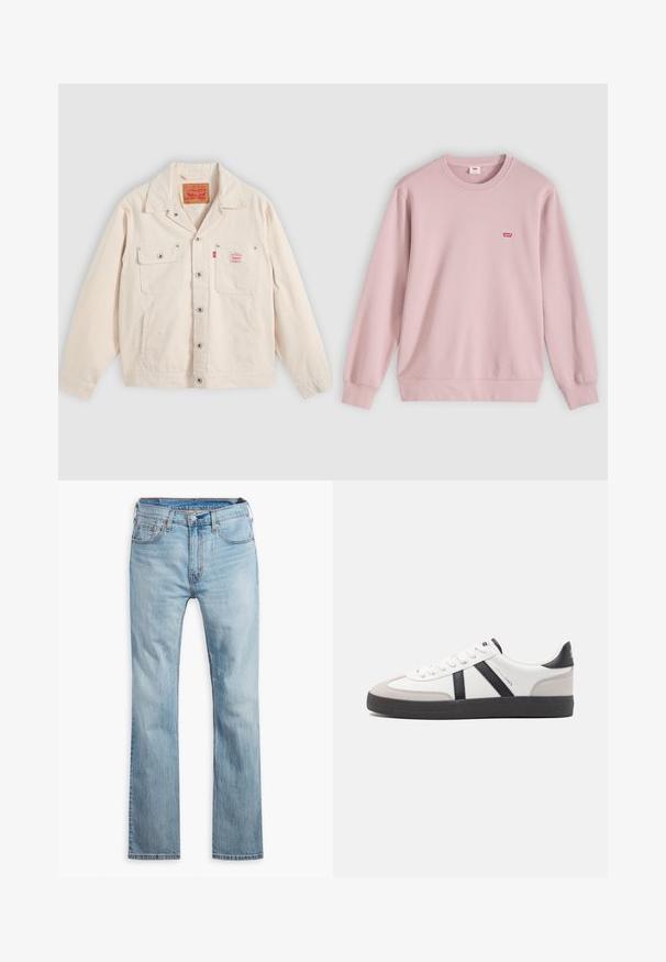 Gebroken witte jasje met knopen, voorzien van twee borstzakken, waarvan één met een knoopklep, en een rood Levi's logotabbord op de rechterzak.; Lichtroze crewneck trui met lange mouwen en klein rood Levi’s-logo op de linkerborst, weergegeven op een lichte, vlakke achtergrond.; Lichtblauwe denim jeans, rechte pijpen, met vijf zakken, contrasterende stiksels en een knoopsluiting bij de tailleband.; Witte sneaker met zwarte en grijze accenten, voorzien van een grijze neus met textuur, zwarte rubberen zool en platte witte veters. Schoon ontwerp, minimalistische stijl.