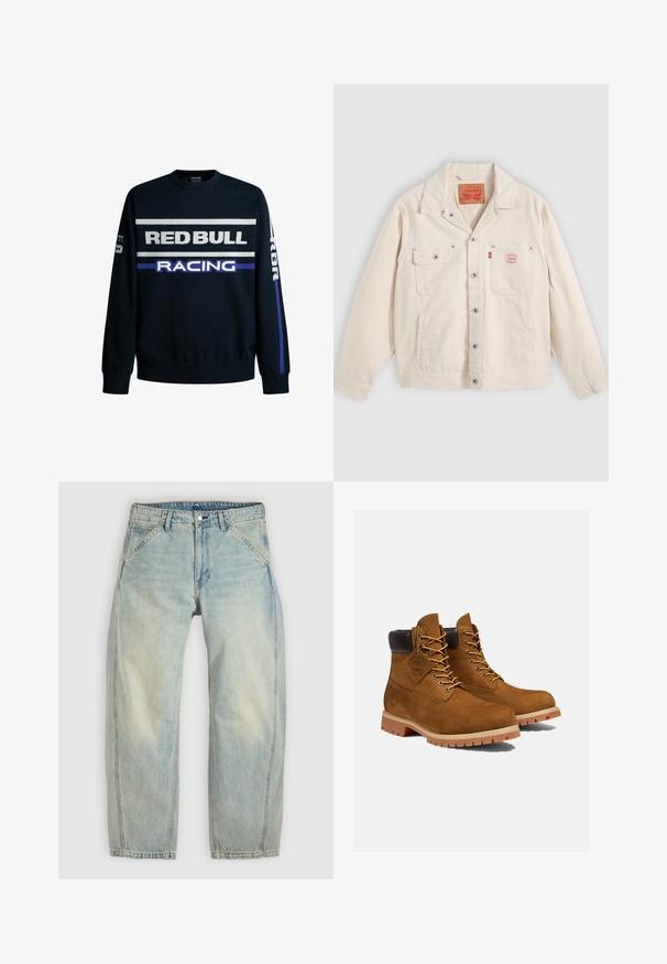 Off-white knapjakke med to brystlommer, den ene med klap og knap, samt en rød Levi's logo etiket på højre lomme.; Marineblå sweatshirt med "RED BULL" og "RACING" tekst i hvid og lilla. Har ensfarvede ærmer og ribbede manchetter, lavet af blødt strikmateriale.; Lys blå jeans med vide ben lavet af denim. Har fem lommer, en knaplukning og falmede områder for et brugt udseende.; Brune ruskinds ankelstøvler med en polstret sort krave, gyldne snørehuller og en tyk gummisål med en mønster, der giver godt greb.