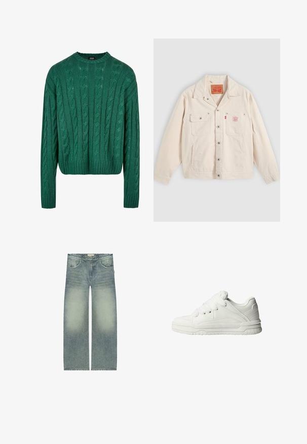Veste boutonnée écrue avec deux poches poitrine, dont une à rabat avec bouton, et une étiquette rouge du logo Levi's sur la poche droite.; Pull en tricot vert avec un col rond et des manches longues. Présente un design court et un motif texturé sur l'ensemble.; Jean bleu clair avec une coupe large, présentant un délavage et des détails de moustaches subtils, fabriqué en denim. Stylisme à cinq poches.; Baskets blanches avec un extérieur en cuir lisse, une languette rembourrée, des lacets plats et des accents texturés sur les côtés et le talon.