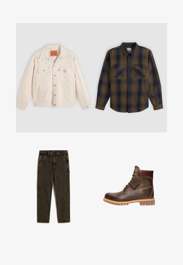 Gebroken witte jasje met knopen, voorzien van twee borstzakken, waarvan één met een knoopklep, en een rood Levi's logotabbord op de rechterzak.; Overhemd met lange mouwen en knopen, met bruin en marineblauw ruitpatroon en twee borstzakken met knopen, plat uitgespreid op een witte achtergrond.; Vans DRILL CHORE CARPENTER ACID WASH - Straight leg jeans - olive; Bruine leren enkelboot met een ronde neus, stevige zool, hardware in goudkleur en een gestructureerde bovenkant. Inclusief een merklabel dat is bevestigd.